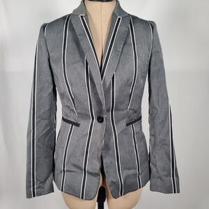 Tahari Women’s Blazer Jacket Size 2 Gray Black White Stripe Lined Fitted Classic